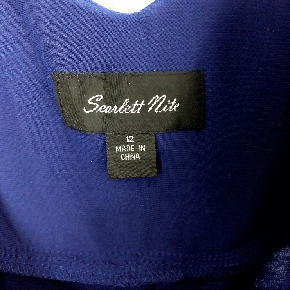 Scarlett Nite Dark Blue Fit-&-Flare Deep V-neck Dress w/ Embellished Ribbon Belt - Picture 6 of 8